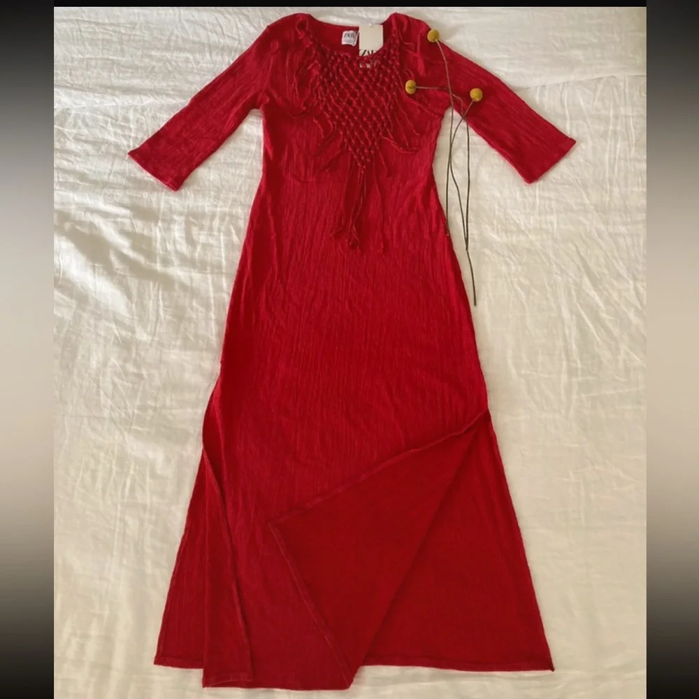 Zara Bright Red Fringe Knit Maxi Dress